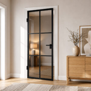Black metal-framed glass door opened to a cozy room with a lamp on a wooden side table visible through the door frame of a light-filled interior hallway.