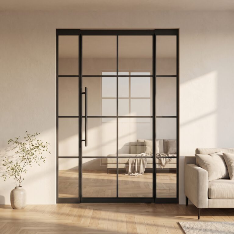 Lofttüren 115 Schwarze Loft-Drehtür mit Seitenelement in hellem Wohnzimmer