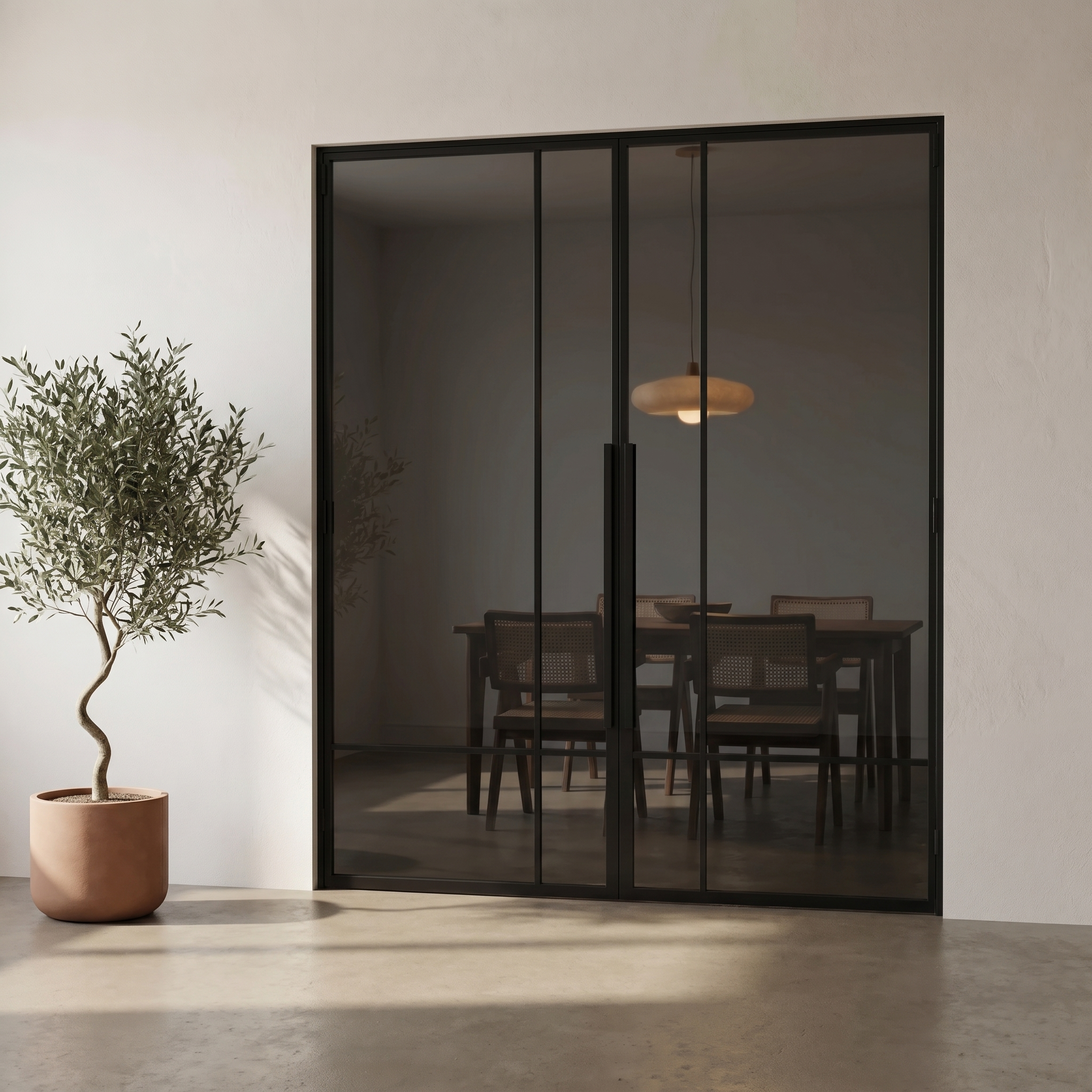 Lofttüren 18 Eine Glasschiebetür mit schwarzem Rahmen öffnet sich zu einem Esszimmer, in dem ein Holztisch und Stühle zu sehen sind; links davor steht eine Topfpflanze.
